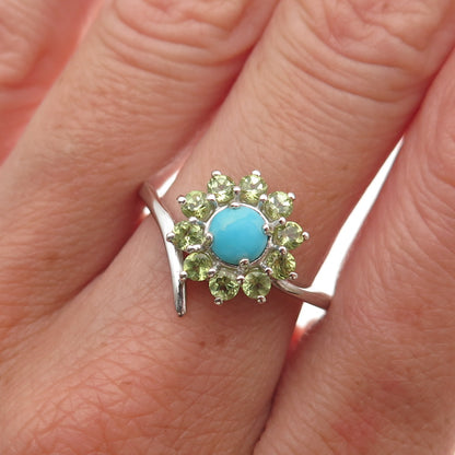 Chuck Clemency 925 Sterling Silver Real Turquoise Peridot Floral Ring Size 8.25