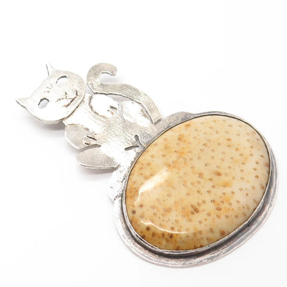 925 Sterling Silver Vintage Real Fossil Cat / Kitten & Turtle Pendant