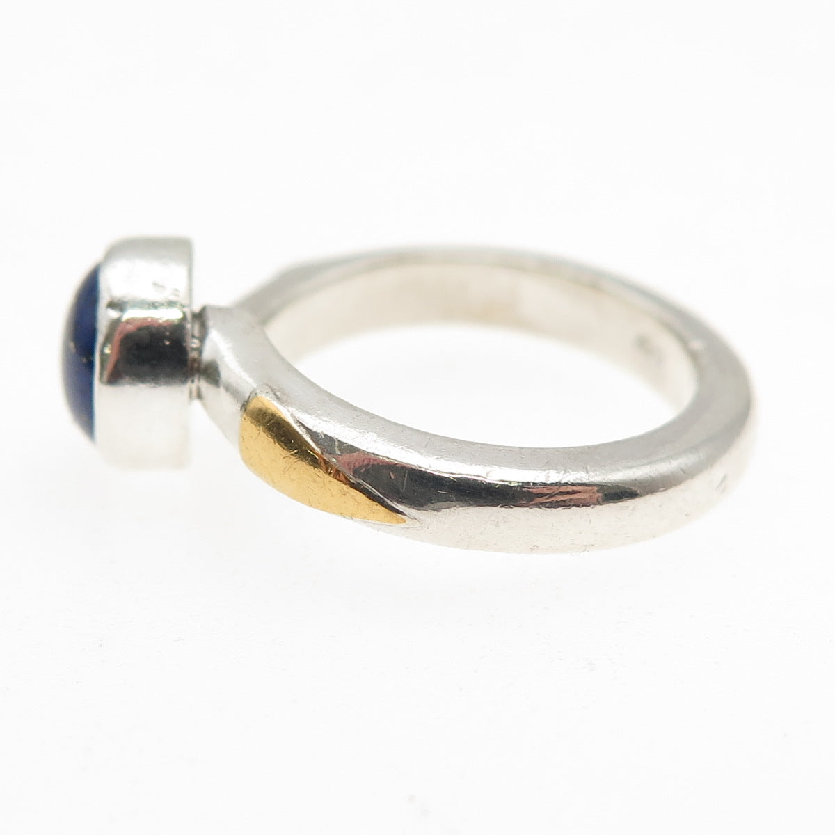925 Sterling Silver 22K Gold Vintage Real Lapis Modernist Ring Size 4.75