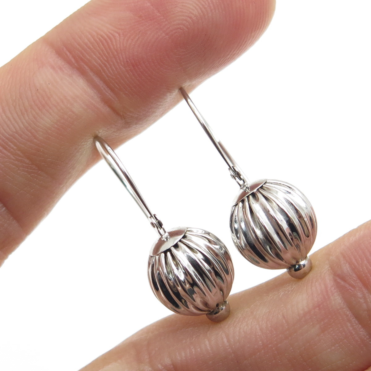 14K White Gold Modernist Ribbed Ball Drop Earrings