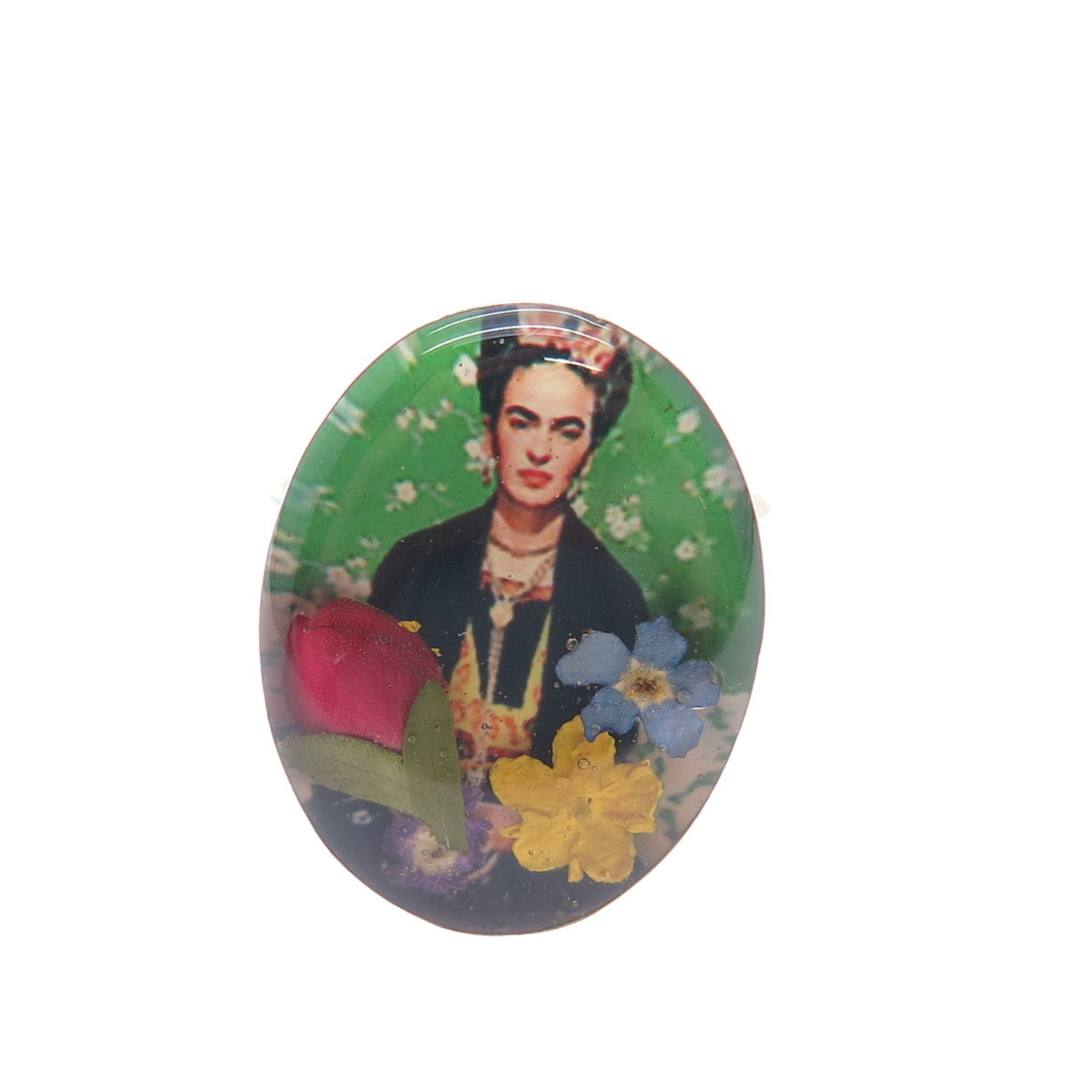 925 Sterling Silver Vintage Enamel Frida Kahlo Pressed Flowers Ring Size 8.75