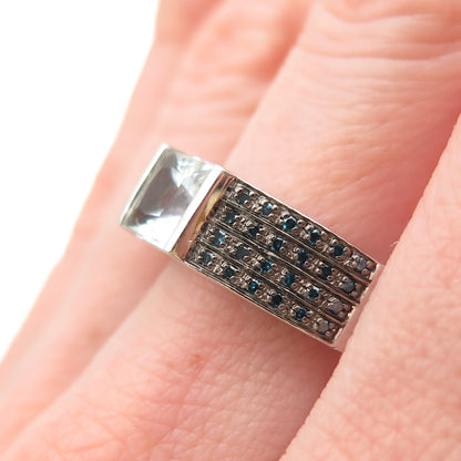 925 Sterling Silver Real Blue Diamond & Princess-Cut Aquamarine Ring Size 11