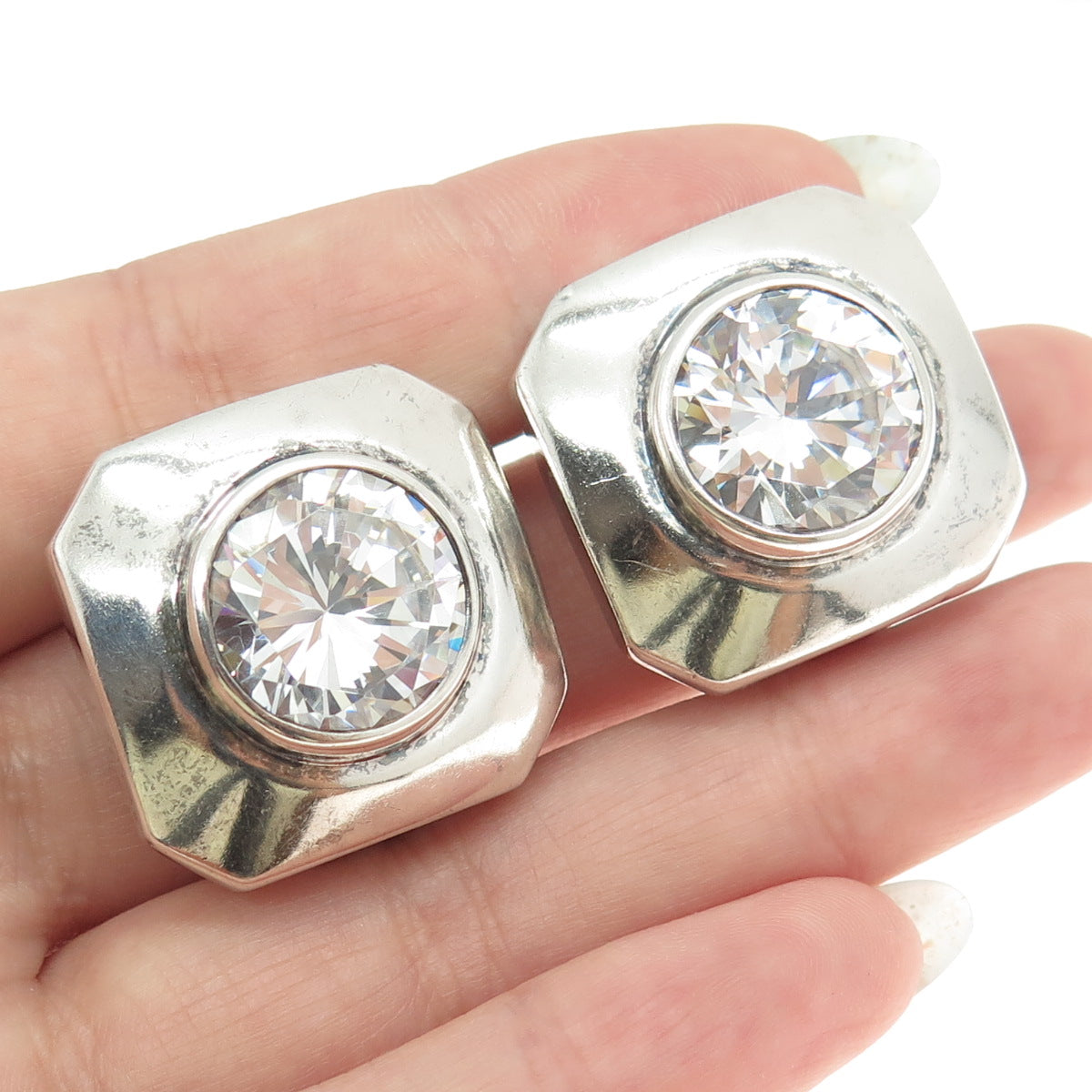 925 Sterling Silver Vintage Round-Cut C Z Clip On Earrings