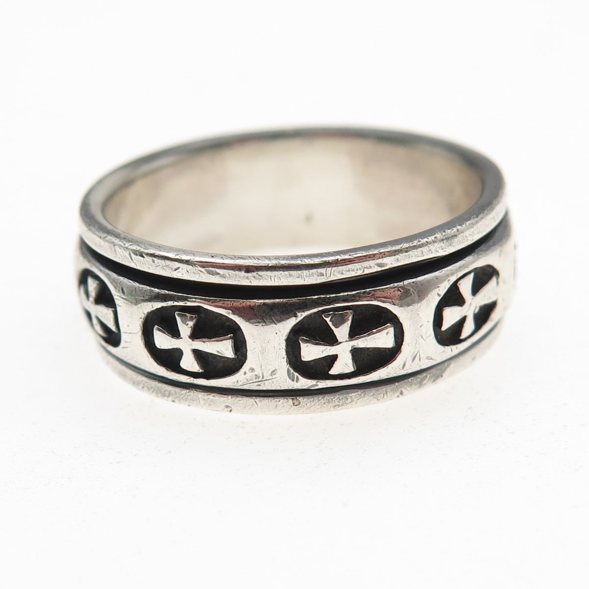 925 Sterling Silver Vintage Cross Oxidized Rotating Band Ring Size 13