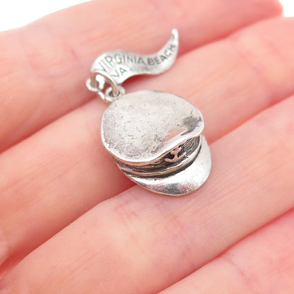 925 Sterling Silver Vintage Navy Officer's Cap Oxidized 3D Charm Pendant