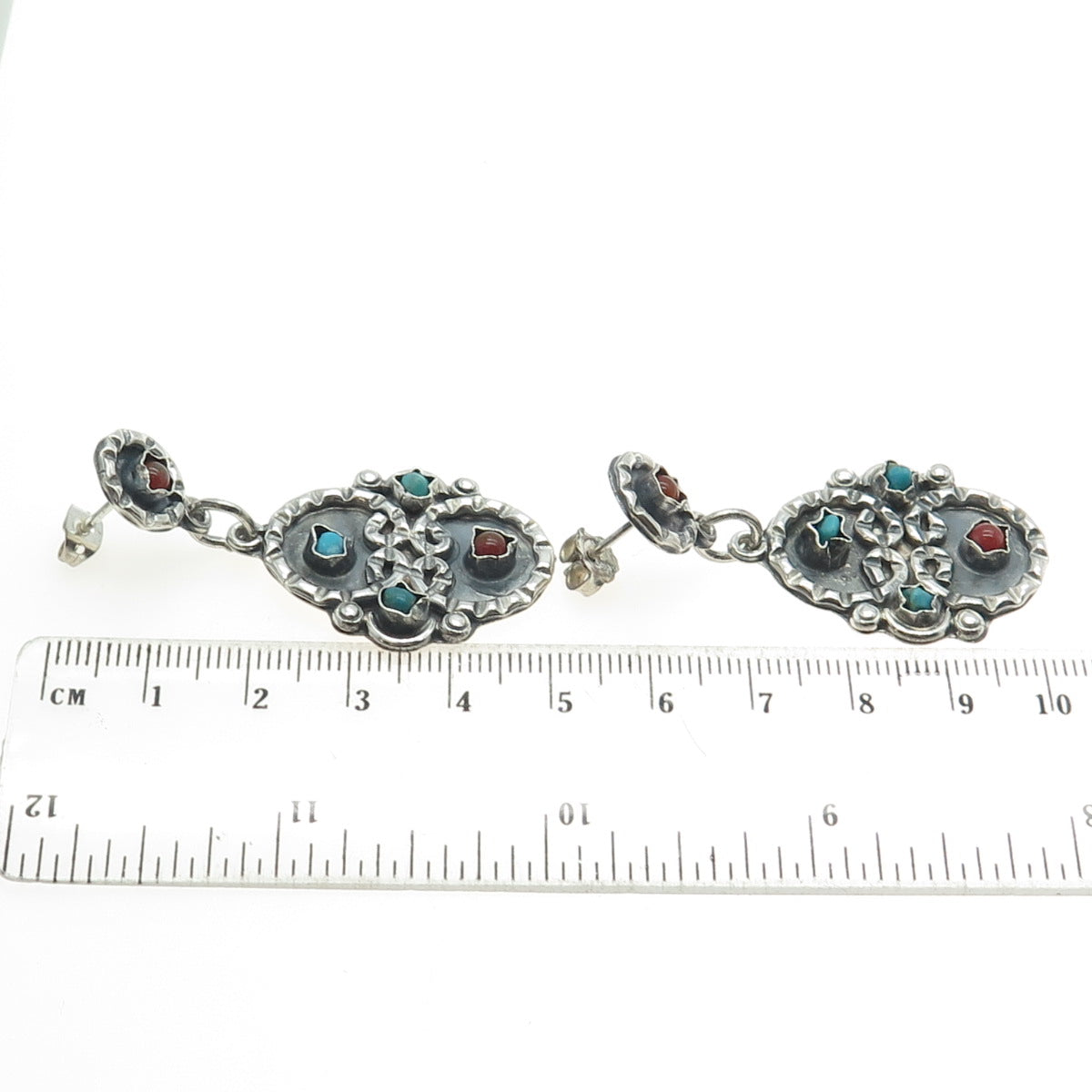 925 Sterling Silver Vintage Mexico Real Turquoise & Carnelian Tribal Earrings