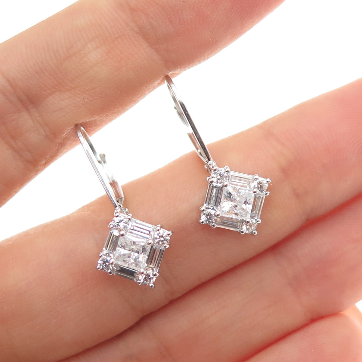 925 Sterling Silver Princess Emerald & Round-Cut C Z Dangle Earrings