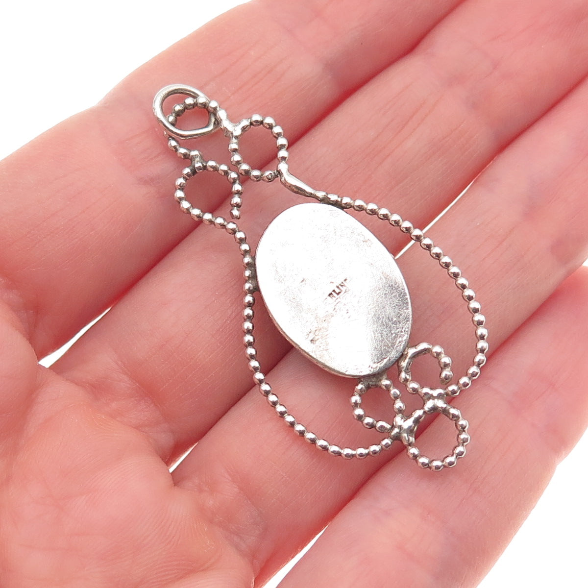 925 Sterling Silver Vintage Real Cabochon Aventurine Ornate Charm Pendant