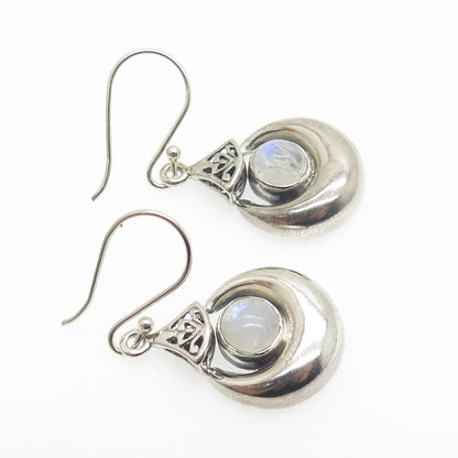 925 Sterling Silver Vintage Real Moonstone Crescent Teardrop Dangle Earrings