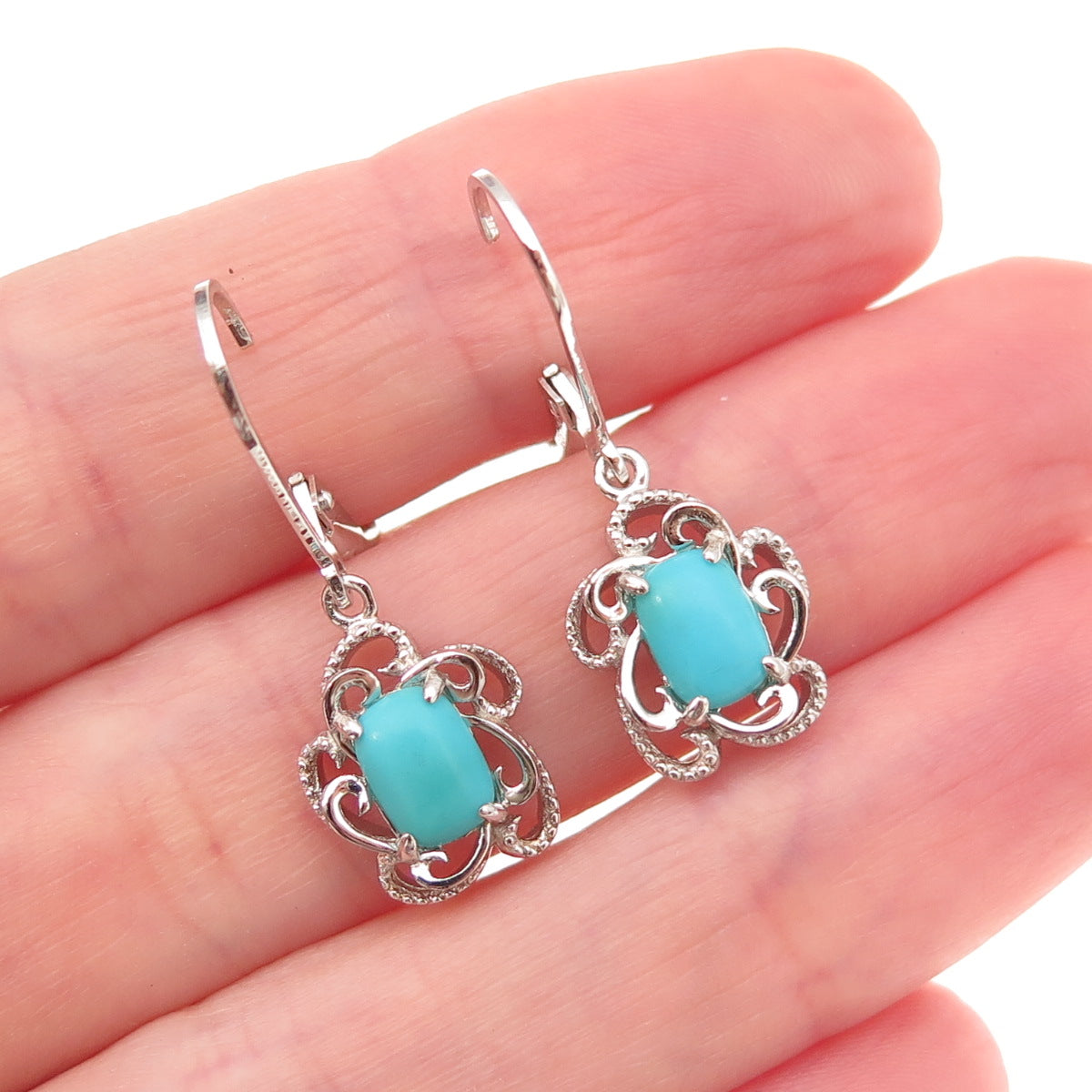 925 Sterling Silver Real Sleeping Beauty Turquoise Floral Dangle Earrings