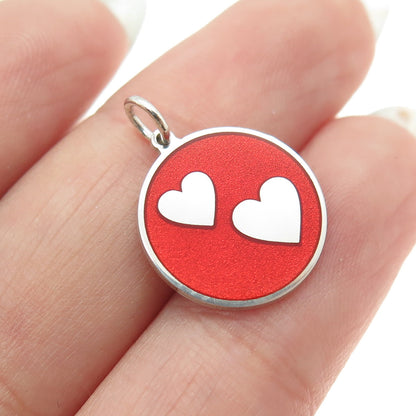 925 Sterling Silver Red Enamel Couple Heart Round Tag Minimalist Charm Pendant