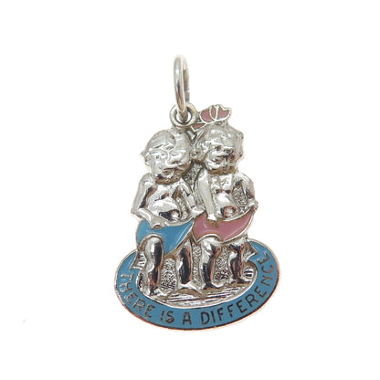 925 Sterling Silver Vintage Enamel There Is A Difference Boy Girl Twins Pendant