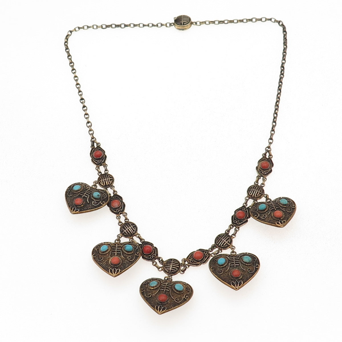 925 Sterling Gold Plated Antique Turquoise & Coral Chinese Heart Necklace 18"