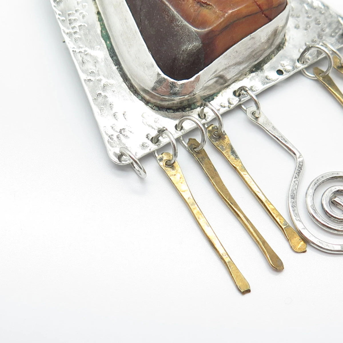 925 Sterling Silver 2-Tone Vintage Real Tiger Eye Gemstone Tribal Pin Brooch