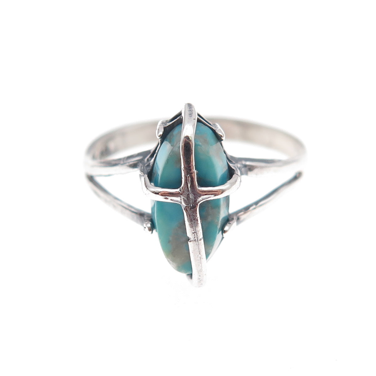 925 Sterling Silver Vintage Real Turquoise Cross Oxidized Ring Size 8.5