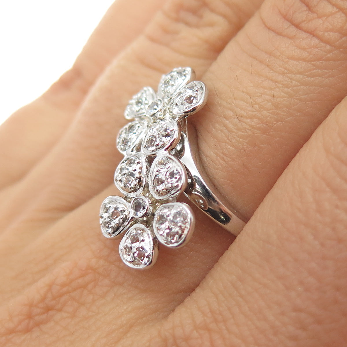 SAI 925 Sterling Silver Round-Cut C Z Flower Bypass Ring Size 7