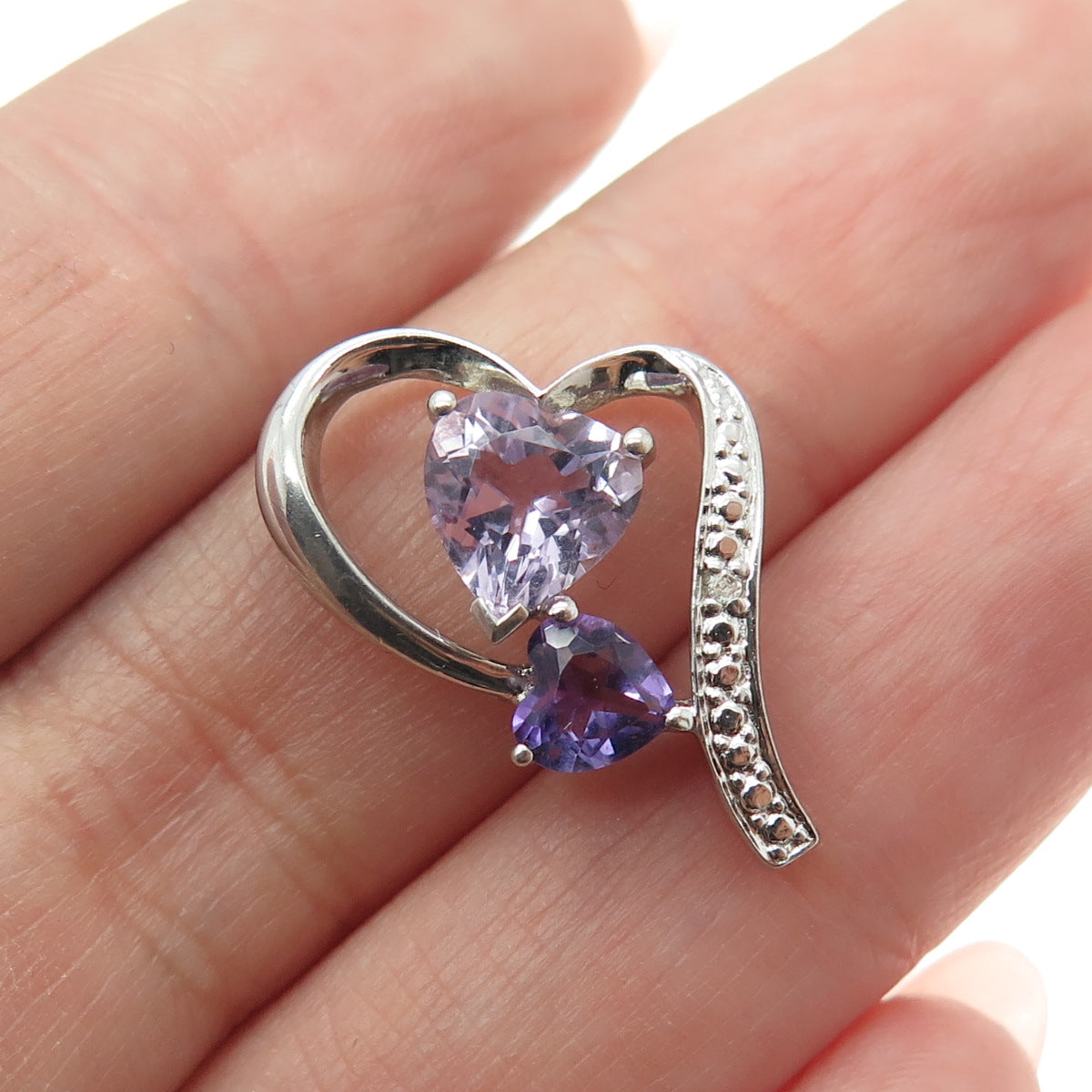 925 Sterling Silver Real Diamond Accent & Amethyst Gem Open Heart Slide Pendant