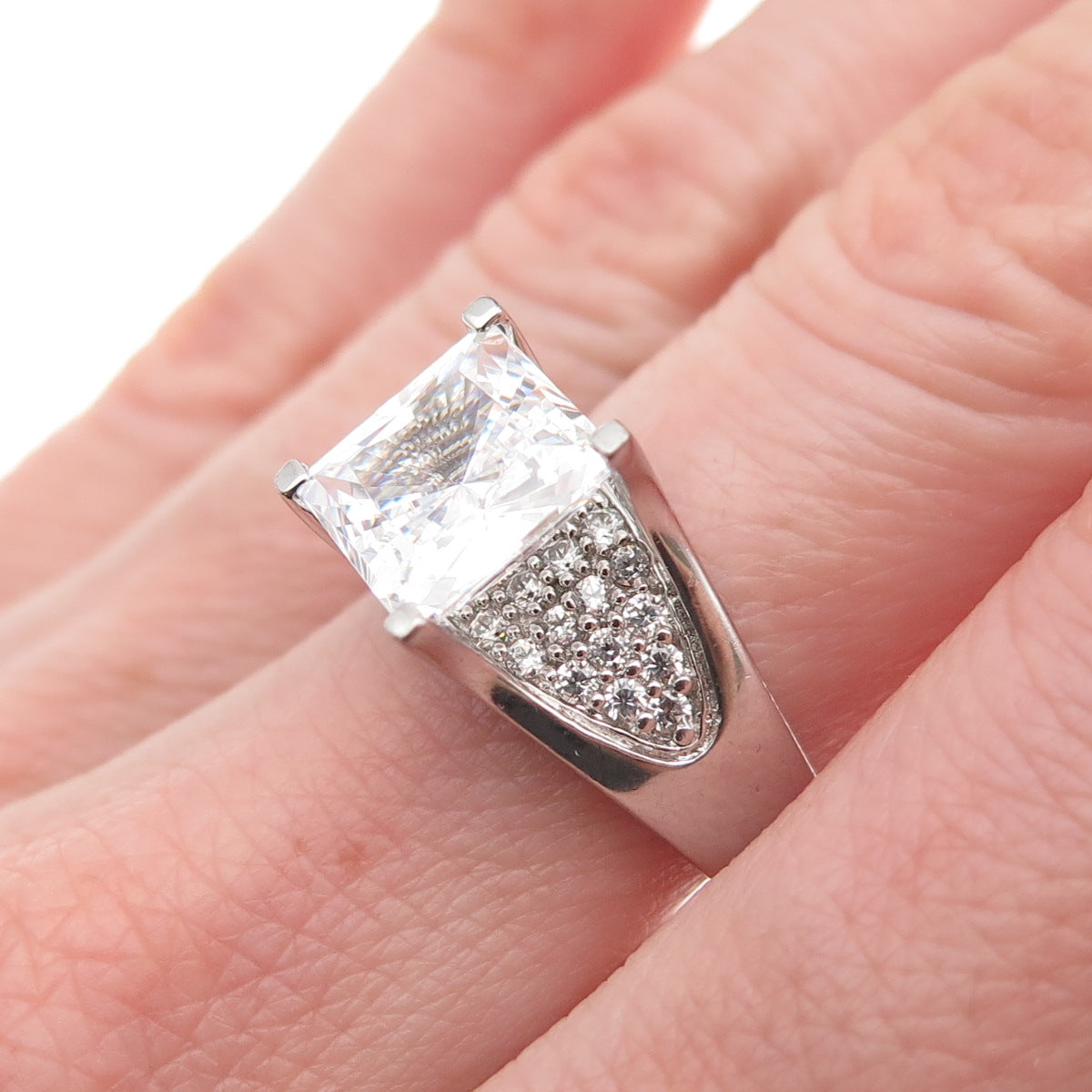 925 Sterling Silver Princess & Round-Cut C Z Engagement Ring Size 7