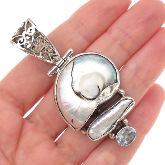 925 Sterling Silver Vintage Real MOP Baroque Pearl Blue Topaz Modernist Pendant