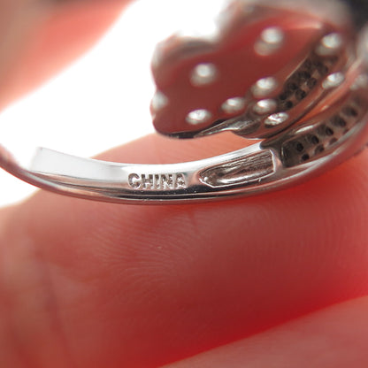 925 Sterling Silver Real Black Spinel & C Z Dog Paw Dangle Charm Ring Size 7.25