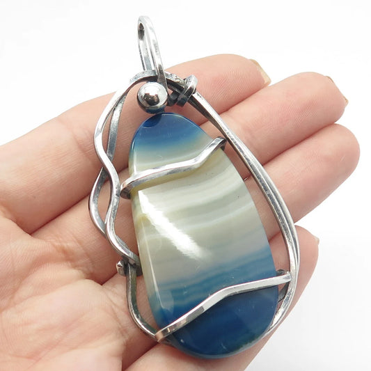 925 Sterling Silver Vintage Real Colorful Agate Gemstone Modernist Pendant