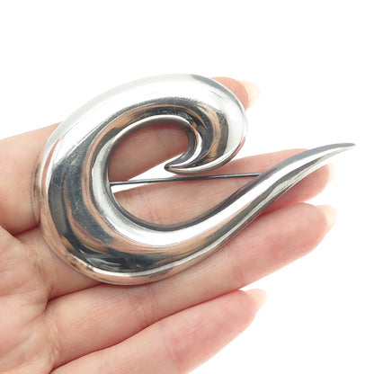 925 Sterling Silver Vintage Modernist Wave Letter "C" Oxidized Pin Brooch