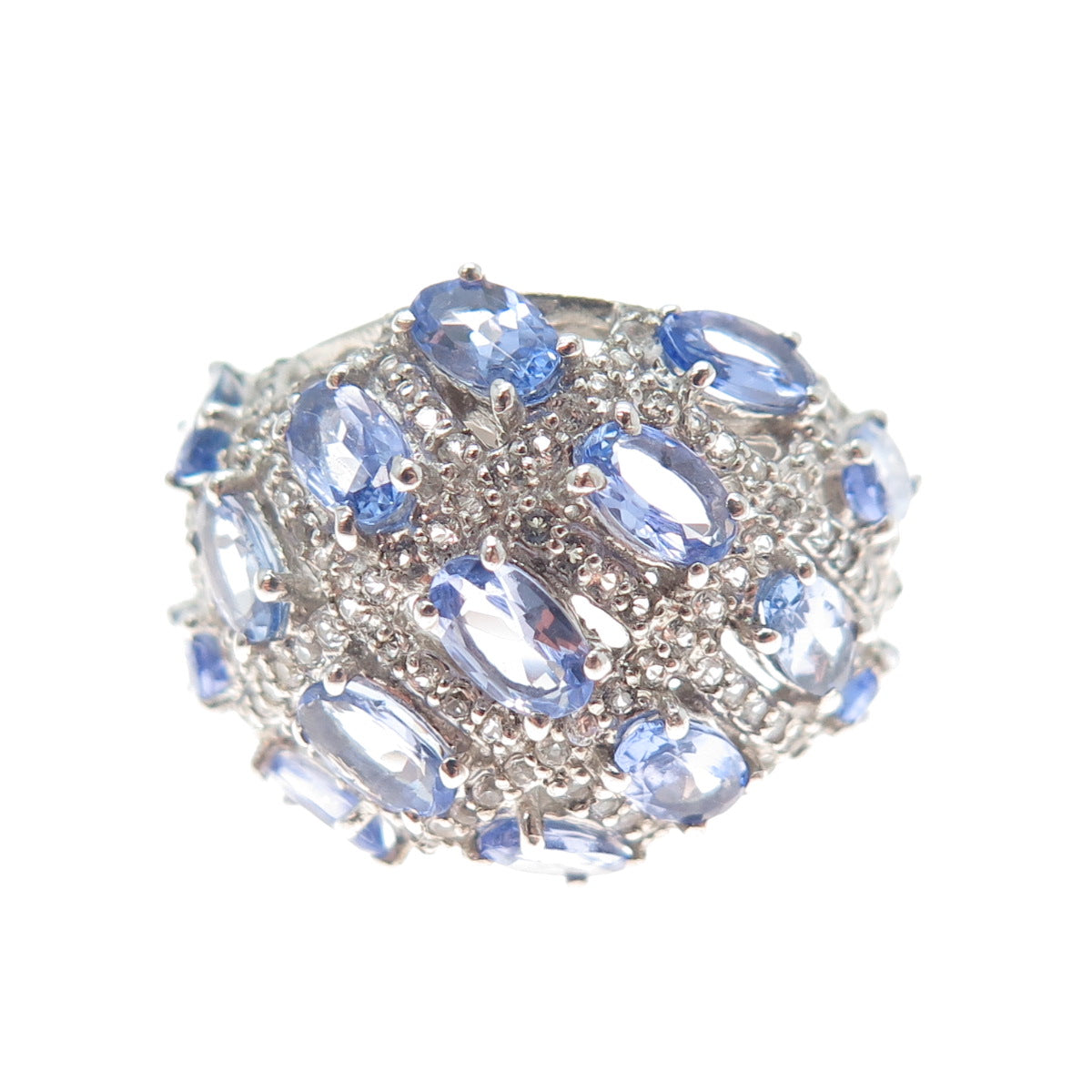 925 Sterling Silver Real Oval-Cut Tanzanite & Round-Cut White Topaz Ring Size 7