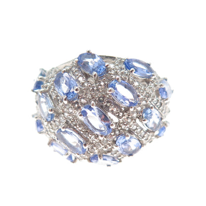 925 Sterling Silver Real Oval-Cut Tanzanite & Round-Cut White Topaz Ring Size 7