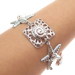 925 Sterling Silver Vintage Seashell Starfish Sea Life Charm Bracelet 6.75"