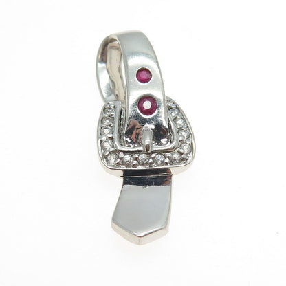 925 Sterling Silver Real Round-Cut Ruby & White Topaz Belt Buckle Hook Pendant