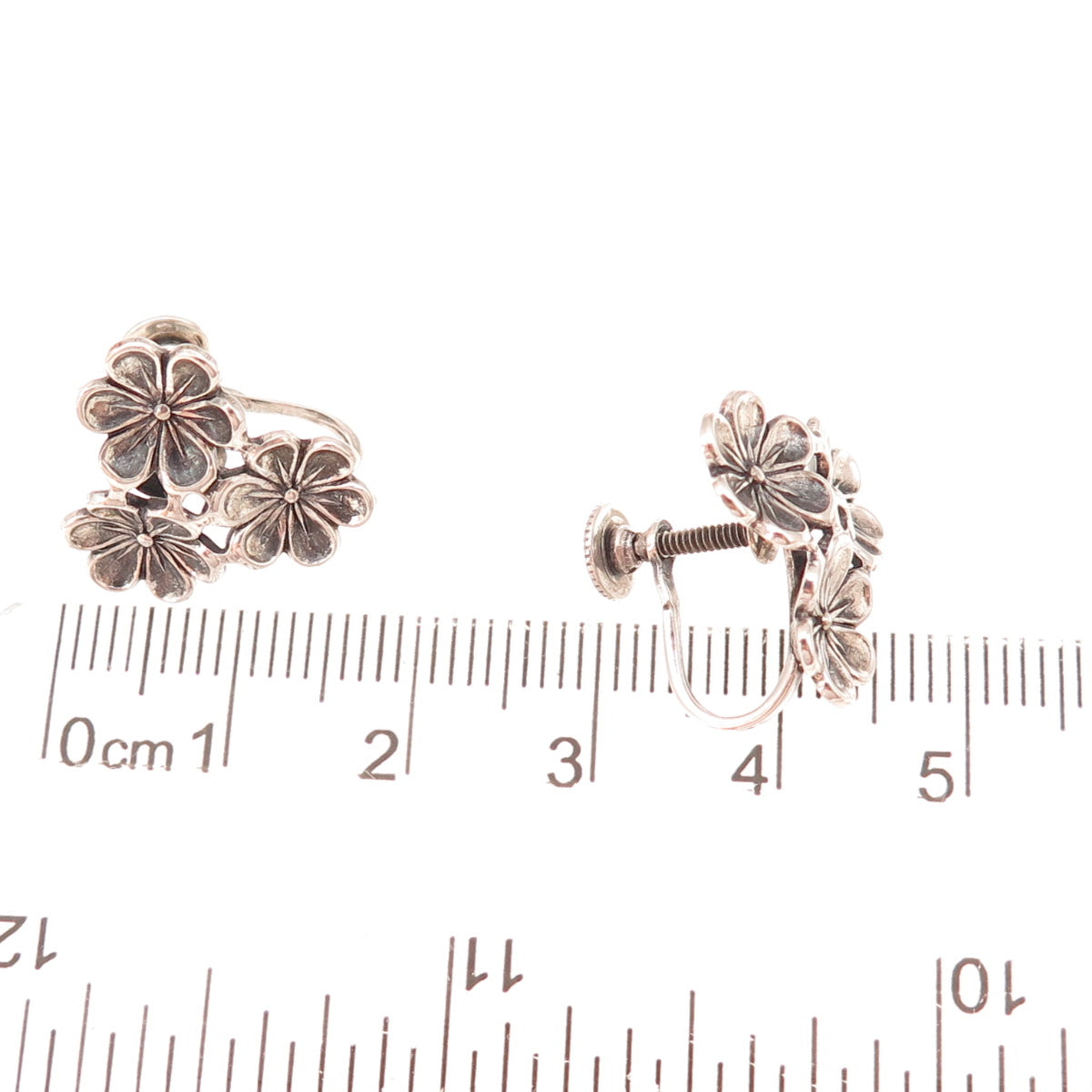 Beau 925 Sterling Silver Antique Art Deco Floral Oxidized Screw Back Earrings