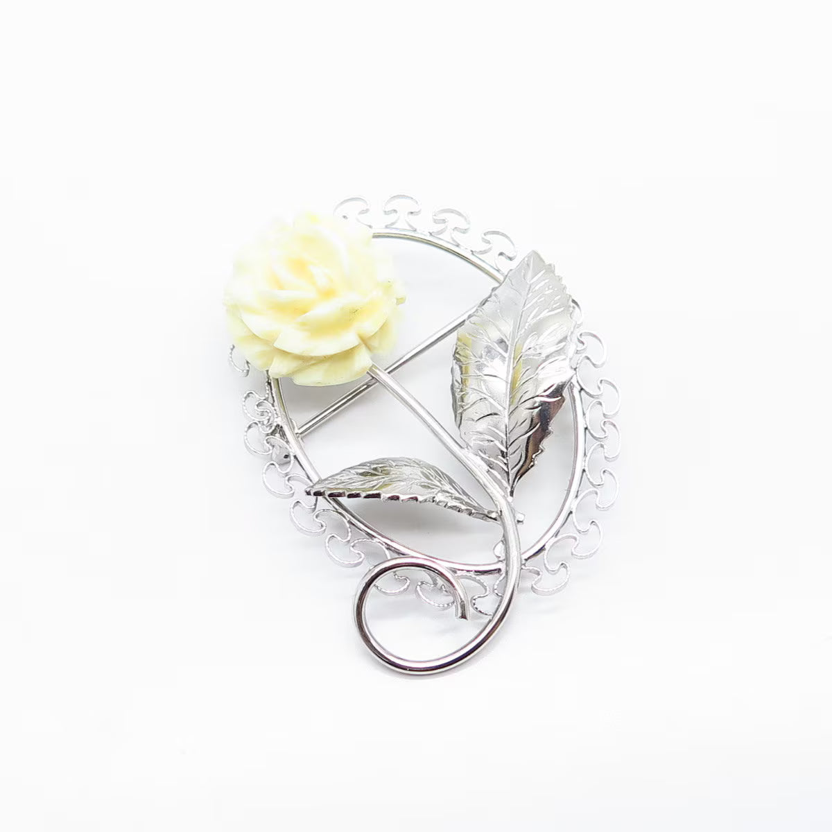 925 Sterling Silver Vintage BEAU Real Shell Rose Floral Pin Brooch
