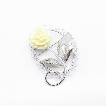 925 Sterling Silver Vintage BEAU Real Shell Rose Floral Pin Brooch