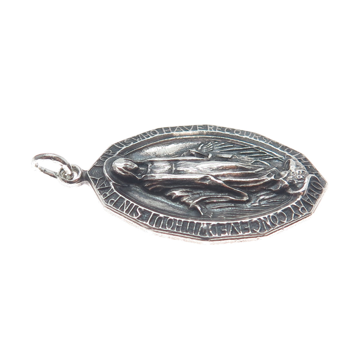 925 Sterling Silver Vintage St. Mary Miraculous Religious Oxidized Charm Pendant