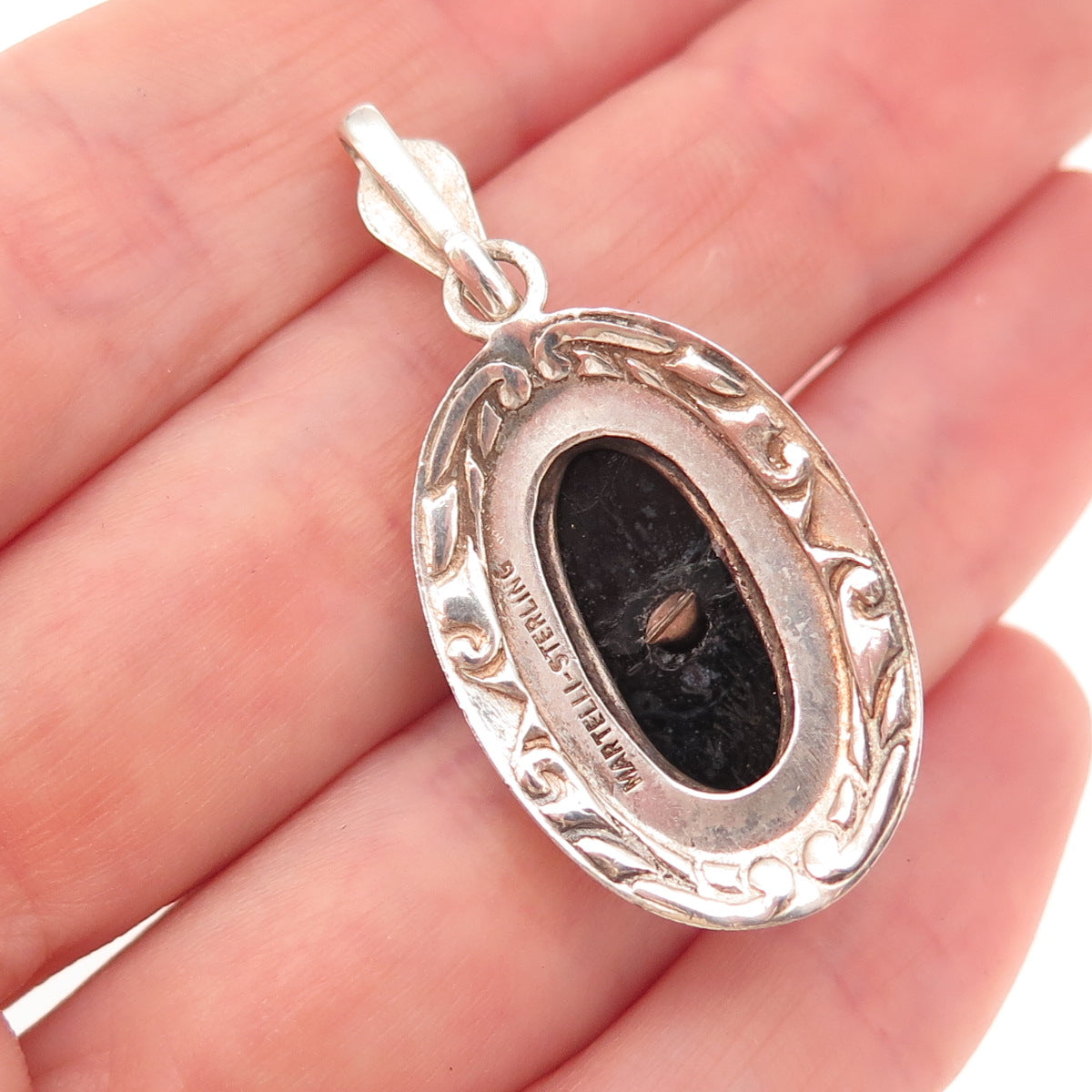Martelli 925 Sterling Silver Antique Art Deco Real Black Onyx Rhinestone Pendant