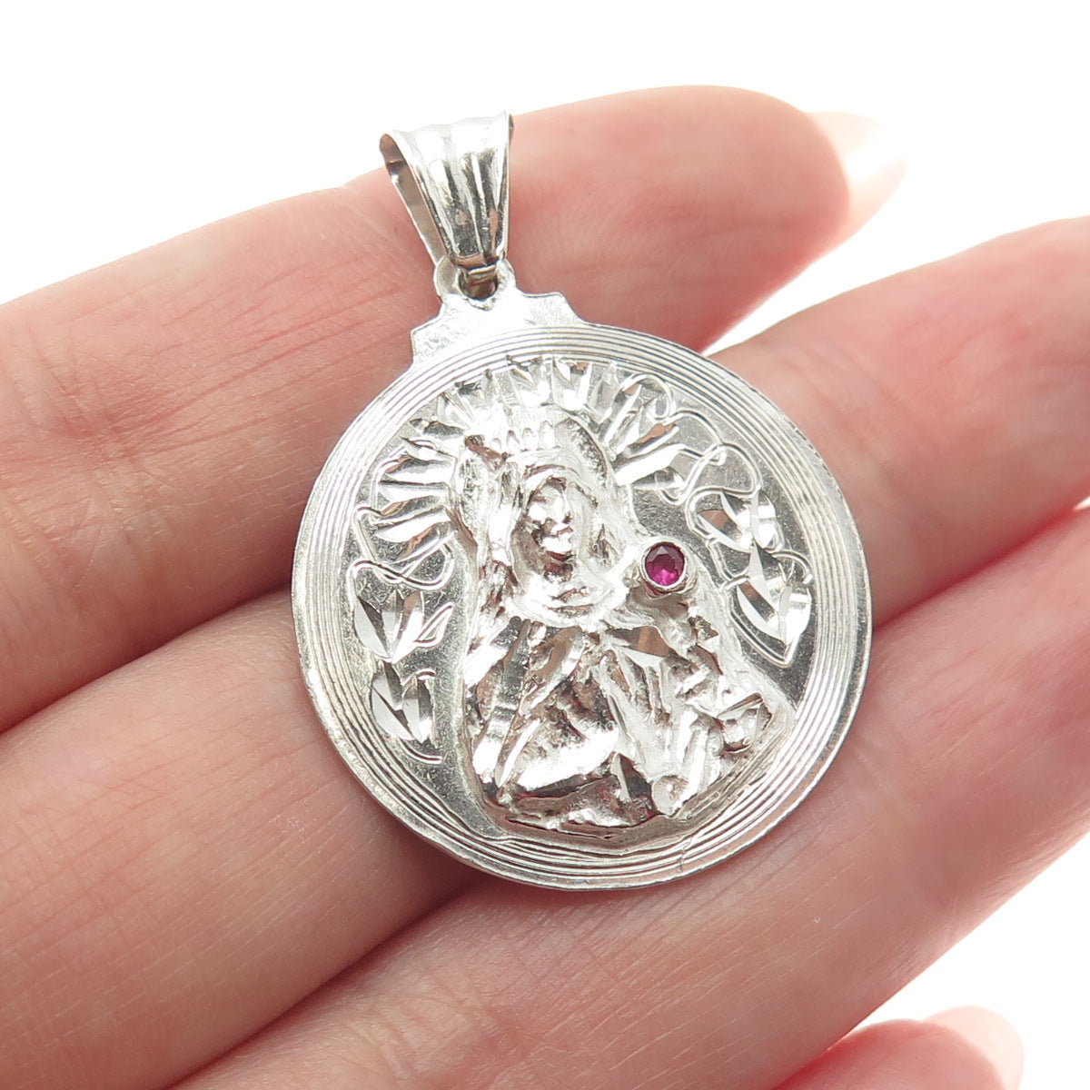 925 Sterling Silver Vintage Real Ruby Saint Regina Religious Pendant