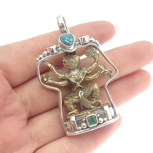 900 Silver 2-Tone Vintage Turquoise Coral Emerald Goddess Kali Hindu Pendant