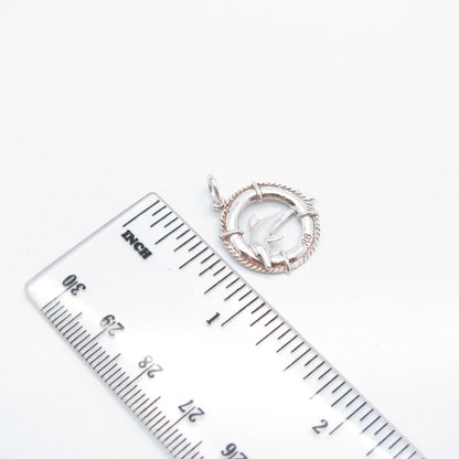 925 Sterling Silver Vintage Friendly Dolphin Round Charm Pendant
