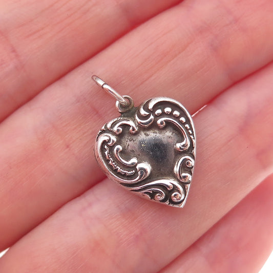 925 Sterling Silver Antique Art Deco Engraved Heart Chatelaine Charm Pendant