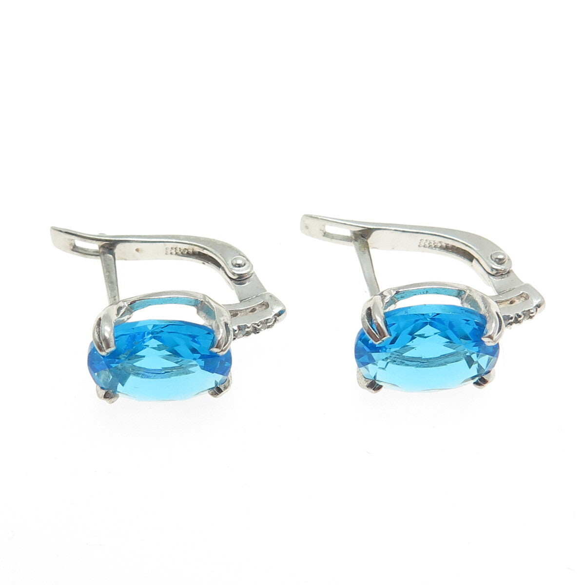 925 Sterling Silver Vintage European Oval-Cut Blue & White C Z Earrings