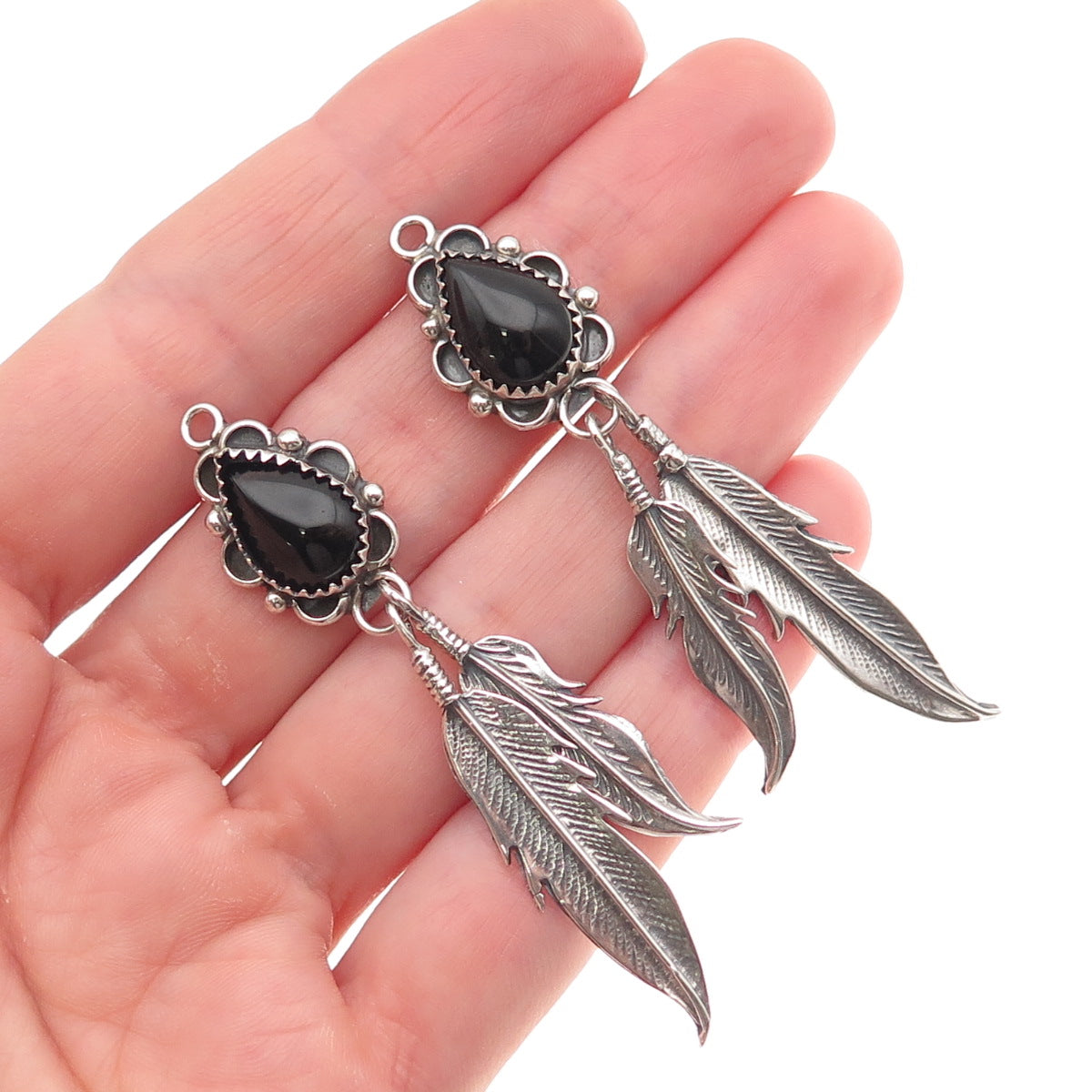 Old Pawn Sterling Silver Vintage Southwestern Black Onyx Feather Jacket Earrings