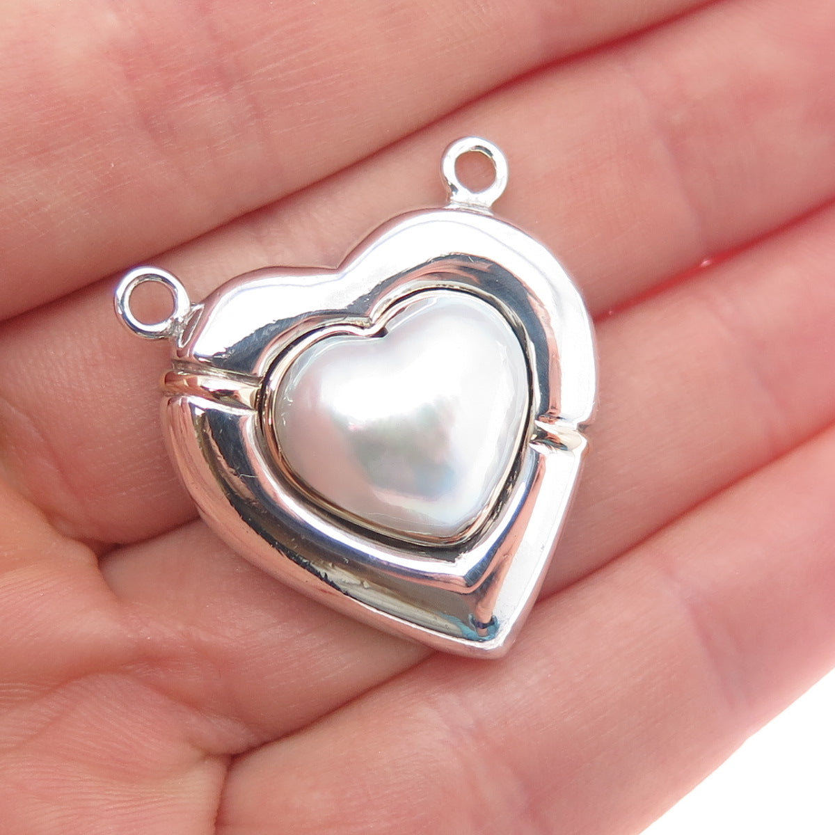 925 Sterling Silver 14K Gold Vintage Real Pearl Heart Centerpiece Slide Pendant