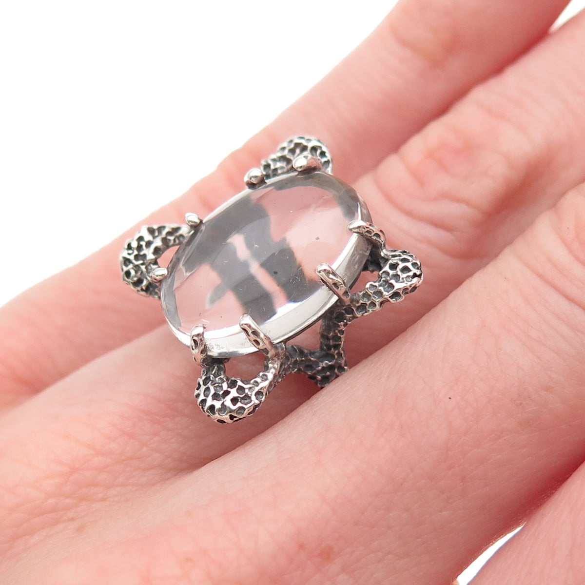 925 Sterling Silver Vintage Real Clear Quartz Modernist Oxidized Ring Size 5.5