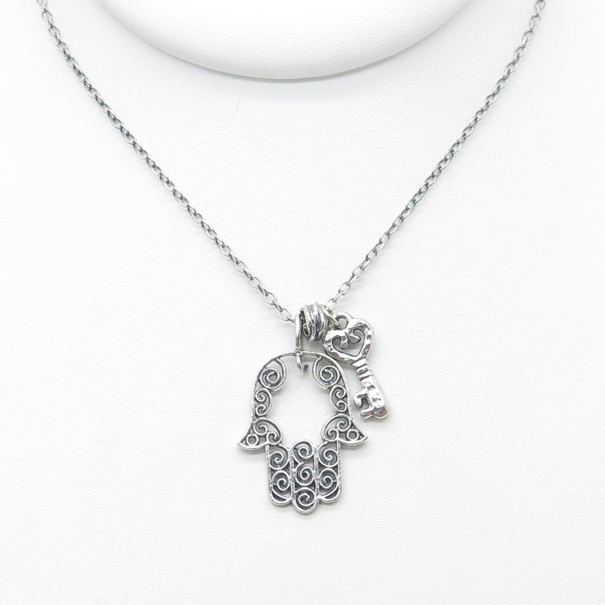 OR PAZ PZ Sterling Silver Vintage Israel Filigree Hamsa & Key Chain Necklace 18"
