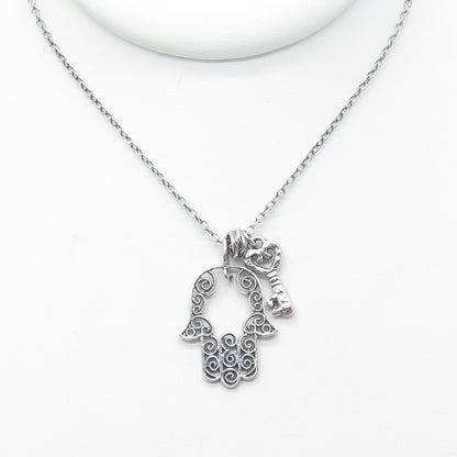 OR PAZ PZ Sterling Silver Vintage Israel Filigree Hamsa & Key Chain Necklace 18"