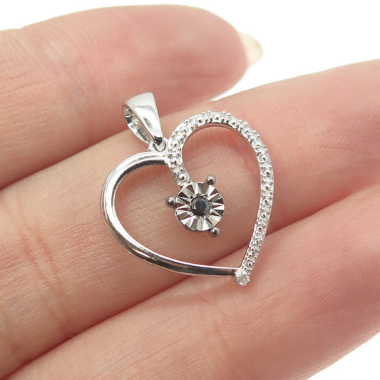 HAN 925 Sterling Silver Real Round-Cut White & Black Diamond Heart Pendant