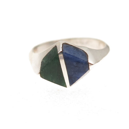 925 Sterling Silver Vintage Mexico Real Turquoise Lapis Modernist Ring Size 6.5