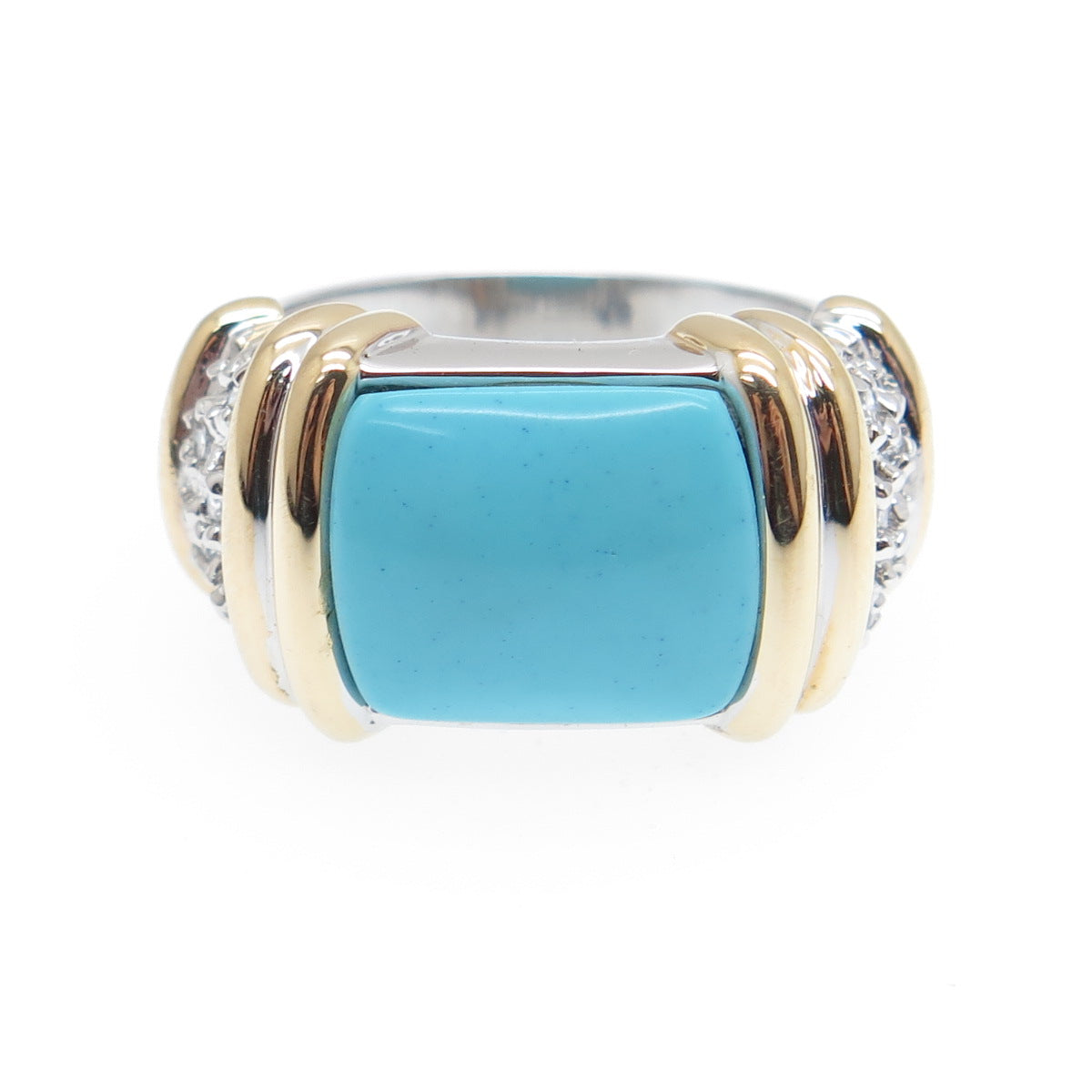 ROSS SIMONS 925 Sterling Silver 2-Tone Faux Turquoise & C Z Ring Size 6