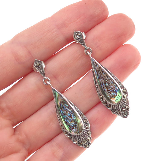 925 Sterling Silver Vintage Real Abalone Shell & Marcasite Dangle Earrings