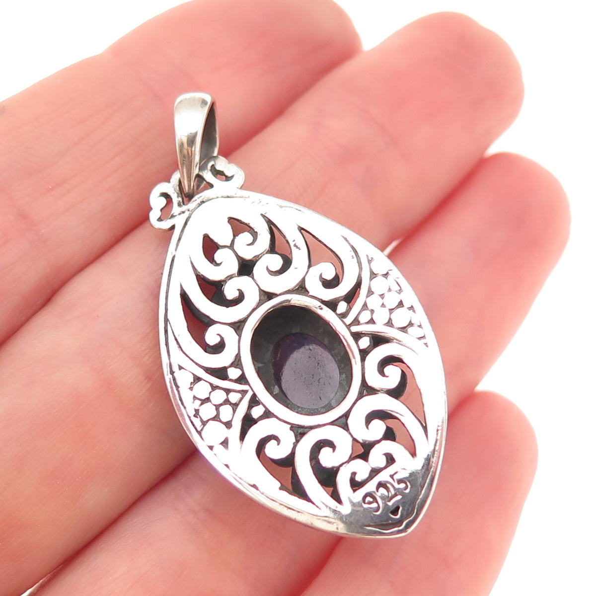 925 Sterling Silver Vintage Real Tanzanite Heart Ornate Oxidized Charm Pendant
